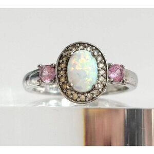 Natural White Opal & Pink Sapphire Sterling Silver Vintage Ring - sz 6.75